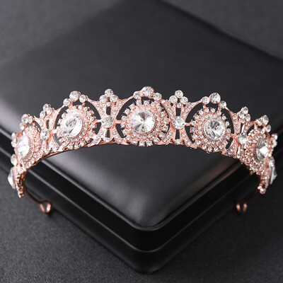 Rožinio aukso spalvos krištolinės tiaros ir karūnos Kalnų krištolas Prom Princess Diadem Vestuvių nuotakų plaukų aksesuarai Papuošalai Karūnos Tiara