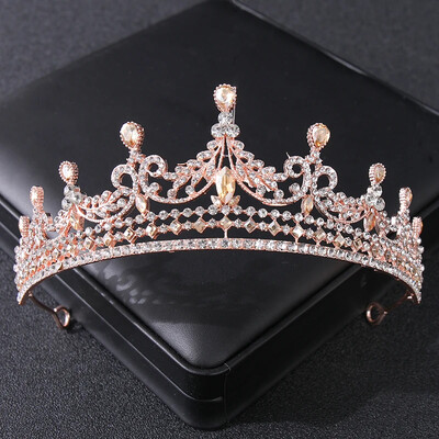 Rožinio aukso spalvos krištolinės tiaros ir karūnos Kalnų krištolas Prom Princess Diadem Vestuvių nuotakų plaukų aksesuarai Papuošalai Karūnos Tiara