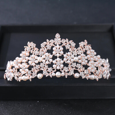 Rožinio aukso spalvos krištolinės tiaros ir karūnos Kalnų krištolas Prom Princess Diadem Vestuvių nuotakų plaukų aksesuarai Papuošalai Karūnos Tiara