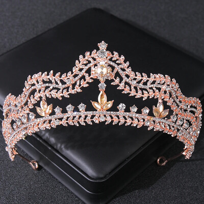 Rožinio aukso spalvos krištolinės tiaros ir karūnos Kalnų krištolas Prom Princess Diadem Vestuvių nuotakų plaukų aksesuarai Papuošalai Karūnos Tiara