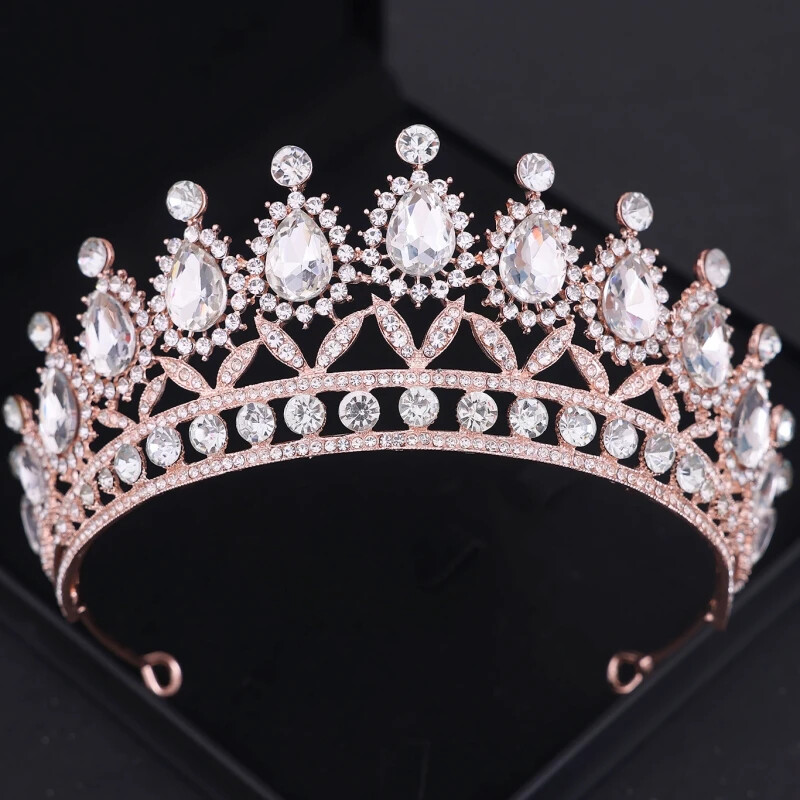 Rozā zelta krāsas kristāla tiāras un kroņi Rhinestone Prom Princess Diadem Kāzu līgavu matu aksesuāri Rotaslietas kronis Tiāra