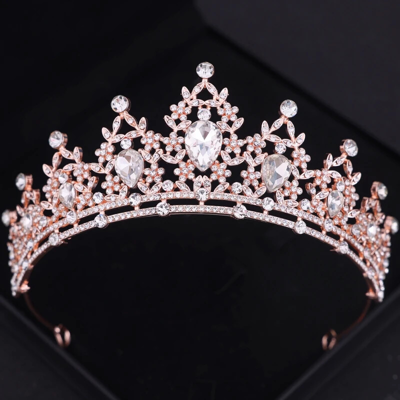 Rozā zelta krāsas kristāla tiāras un kroņi Rhinestone Prom Princess Diadem Kāzu līgavu matu aksesuāri Rotaslietas kronis Tiāra