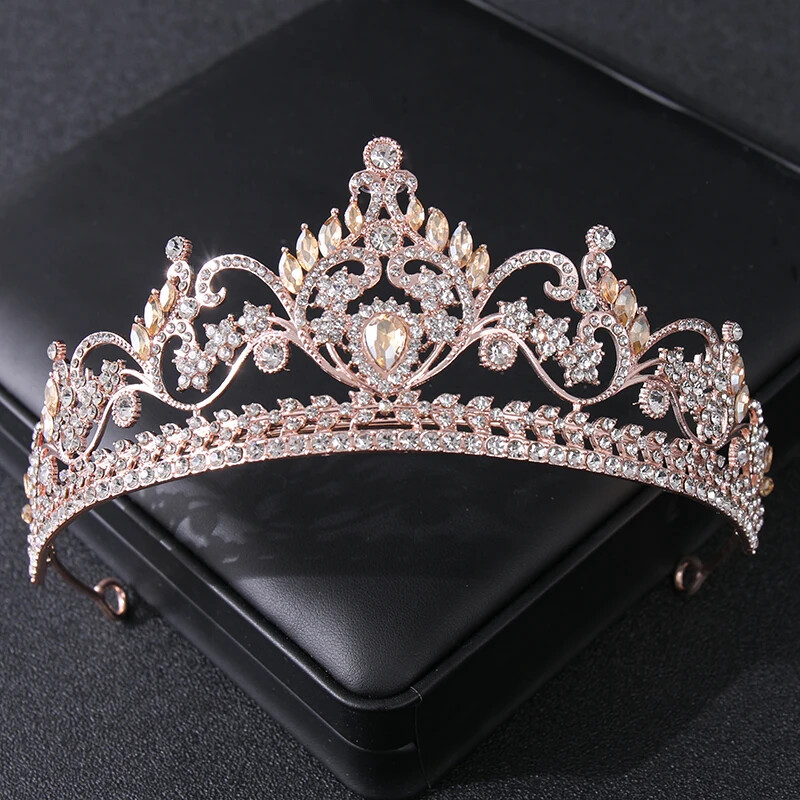 Rozā zelta krāsas kristāla tiāras un kroņi Rhinestone Prom Princess Diadem Kāzu līgavu matu aksesuāri Rotaslietas kronis Tiāra