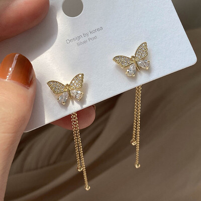 Korejiešu Eleganti, Jauki Rhinestone Butterfly Stud Auskari Sievietēm Meitenēm Modes Metāla ķēdes Rotaslietas Dāvanas