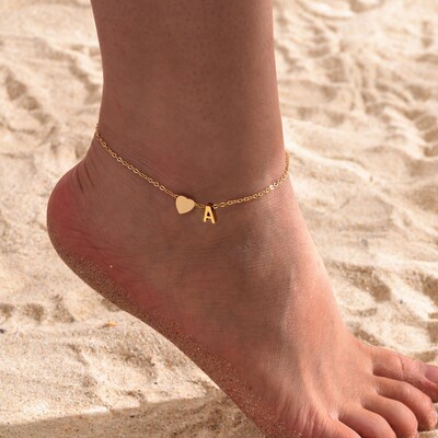 Γυναικεία Καρδιά Initial Anklet Βραχιόλια Ρυθμιζόμενο κόσμημα παραλίας Υποαλλεργικό από ανοξείδωτο ατσάλι Εξατομικευμένο όνομα Καδένα ποδιών