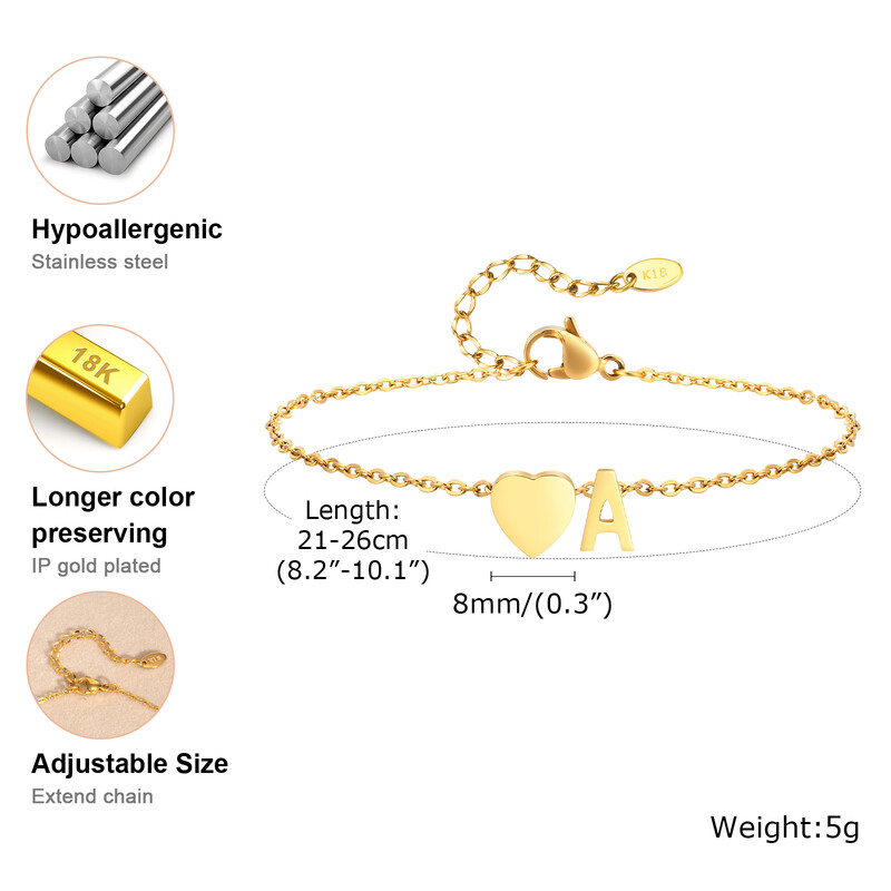 Moterų širdies pradinės kulkšnies apyrankės Reguliuojami paplūdimio papuošalai Hipoalergiški nerūdijančio plieno asmeniniai vardai