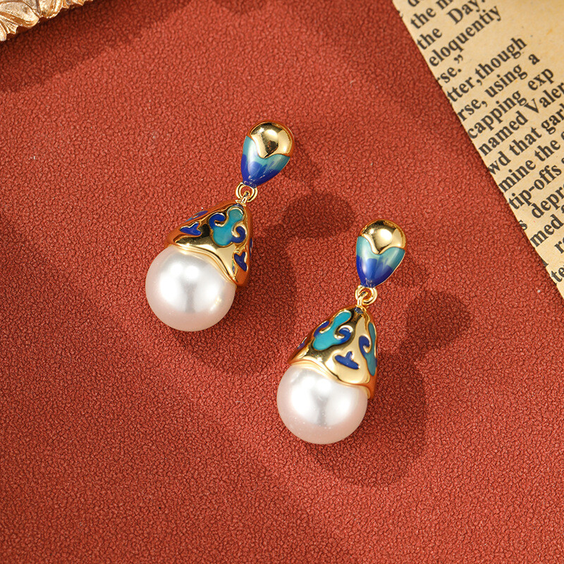 SUYU Jewelry Spring New Grid Enamel Earrings Simulated Pearl Dropping Oil Retro Style Earrings Δώρο για το φεστιβάλ για γυναίκες