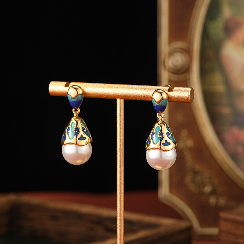 SUYU Jewelry Spring New Grid Enamel Earrings Simulated Pearl Dropping Oil Retro Style Earrings Δώρο για το φεστιβάλ για γυναίκες