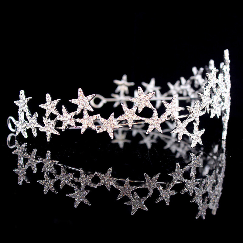 Crystal Star Tiara Crown Vestuvių Kalnų krištolas Karūnos galvos juosta Nuotakos galvos apdangalas Galvos apdangalas Moterų Merginų Plaukų Papuošalai Aksesuarai