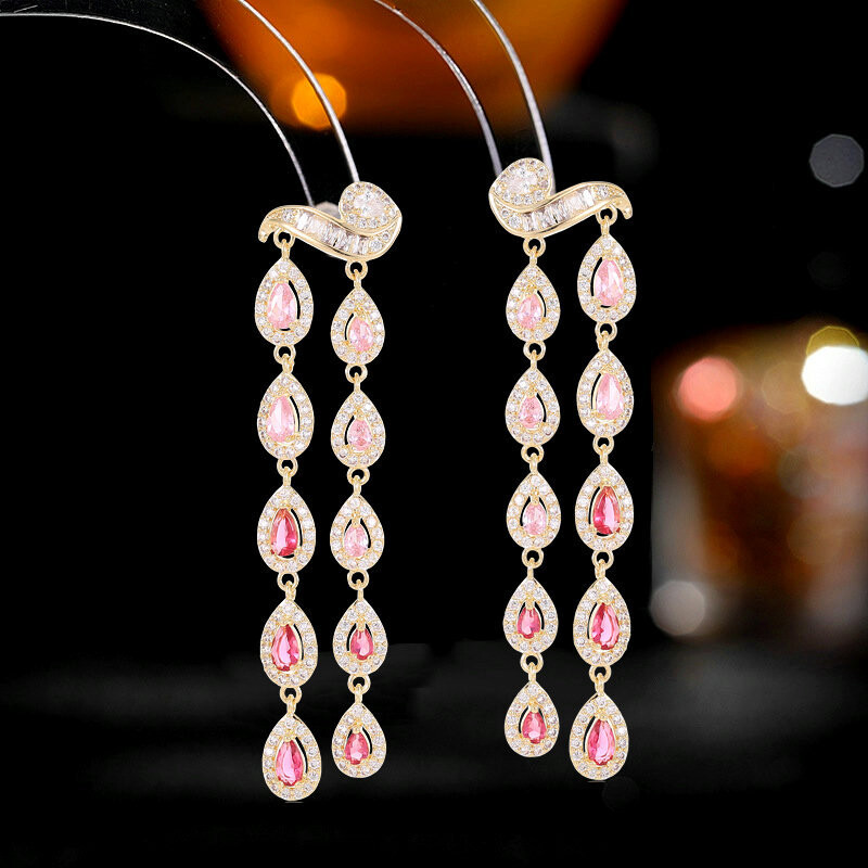 SUYU könnyű luxus mikro berakásos kézműves fülbevaló árapály cirkon hosszú stílusú dekoratív arcra cseppecskés bojt fülbevaló