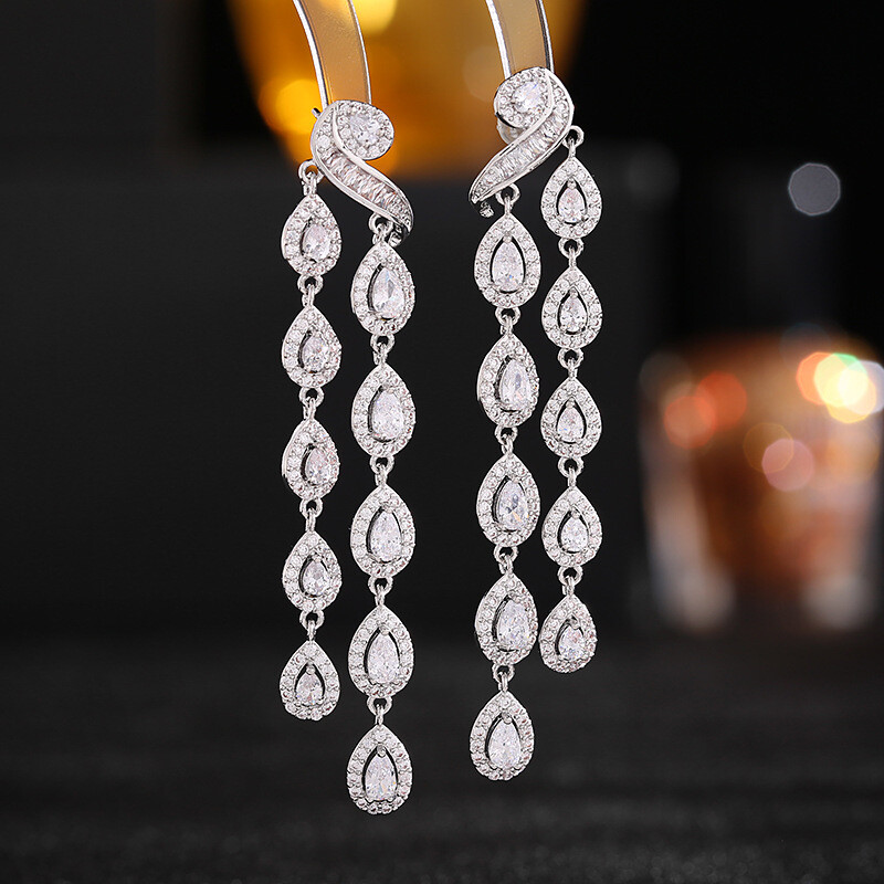 SUYU könnyű luxus mikro berakásos kézműves fülbevaló árapály cirkon hosszú stílusú dekoratív arcra cseppecskés bojt fülbevaló