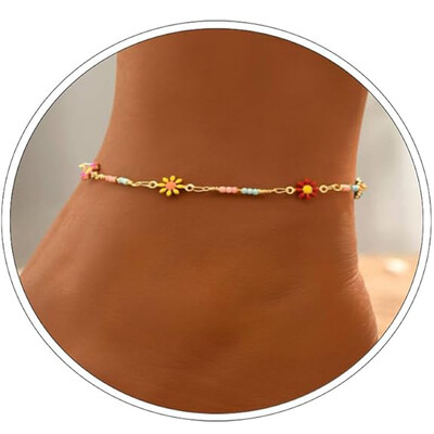 Boho színes maggyöngy százszorszép virág bokalánc női lányoknak, kézzel készített virágos láblánc nyári strandékszer ajándék barátnőnek