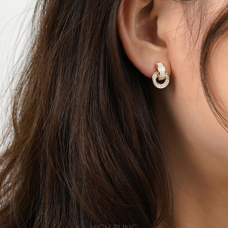 Korėjos baltos alyvos apvalūs auskarai moterims Išskirtiniai putojantys kristaliniai geometriniai apvalūs auskarai vakarėlio papuošalai