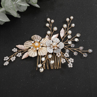 Pearl Crystal Vestuvių plaukų šukos moterims Rankų darbo vakarėliui vestuvių galvos papuošalai galvos apdangalo priedai Kalnų krištolas, gėlių lapų tiaros