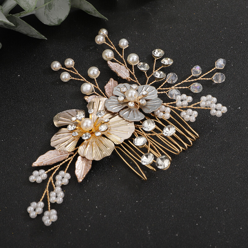 Pearl Crystal Vestuvių plaukų šukos moterims Rankų darbo vakarėliui vestuvių galvos papuošalai galvos apdangalo priedai Kalnų krištolas, gėlių lapų tiaros