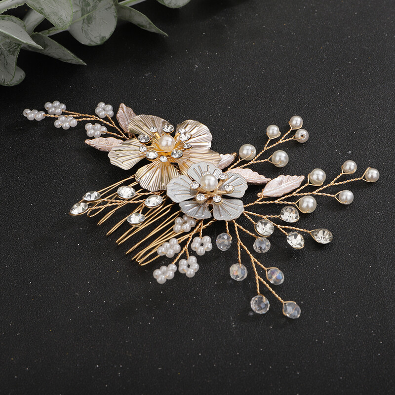 Pearl Crystal Vestuvių plaukų šukos moterims Rankų darbo vakarėliui vestuvių galvos papuošalai galvos apdangalo priedai Kalnų krištolas, gėlių lapų tiaros