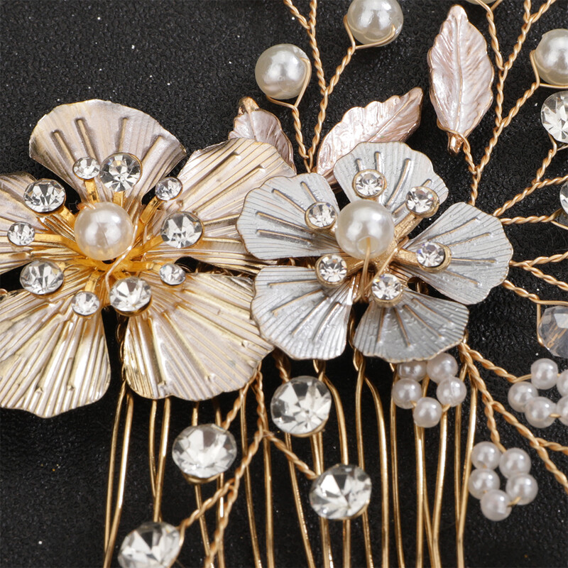 Pearl Crystal Vestuvių plaukų šukos moterims Rankų darbo vakarėliui vestuvių galvos papuošalai galvos apdangalo priedai Kalnų krištolas, gėlių lapų tiaros