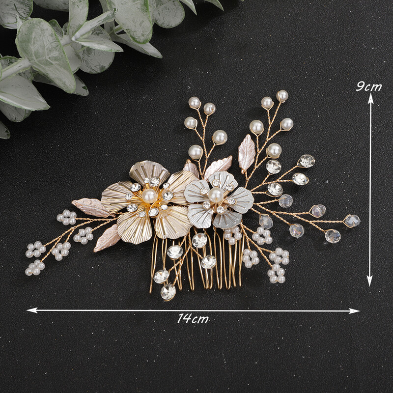 Pearl Crystal Vestuvių plaukų šukos moterims Rankų darbo vakarėliui vestuvių galvos papuošalai galvos apdangalo priedai Kalnų krištolas, gėlių lapų tiaros