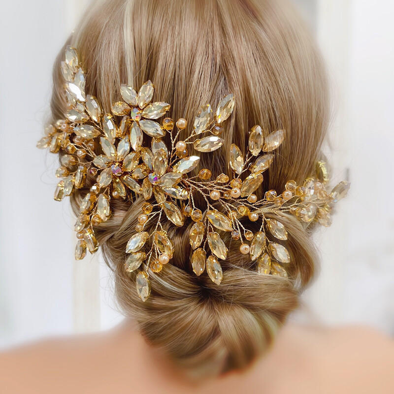 Moterų nuotakos didelių krištolinių vestuvinių plaukų šukos su šampanu nuotakos šoninės šukos, pilnos Kalnų krištolinio akmens plaukų aksesuaras moterims ir mergaitėms