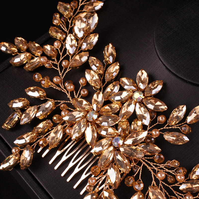 Moterų nuotakos didelių krištolinių vestuvinių plaukų šukos su šampanu nuotakos šoninės šukos, pilnos Kalnų krištolinio akmens plaukų aksesuaras moterims ir mergaitėms