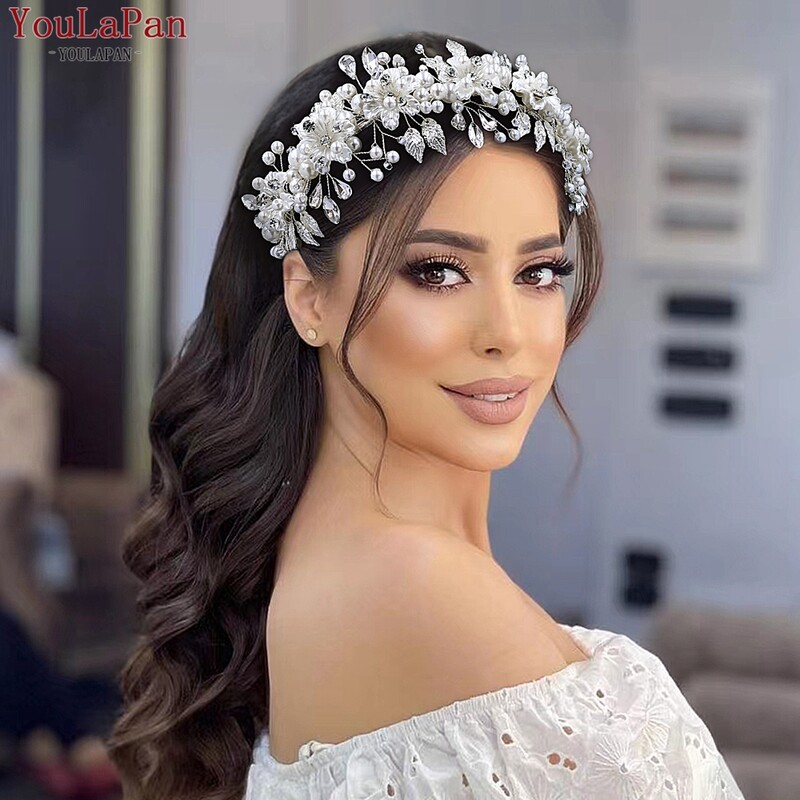 YouLaPan, nuntă, perle, cristal, copac, aliaj, frunze, cerc de păr, bentite cu strasuri pentru femei, fată de flori HP603