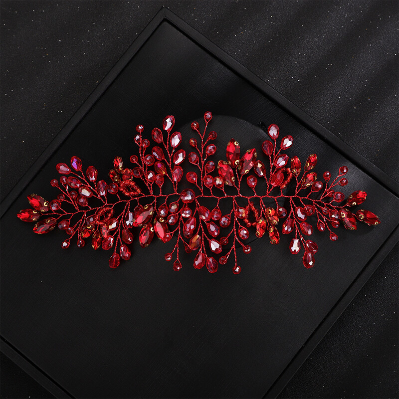 Bandita de mireasa cu strasuri la modă, casă de cristal lucrată manual pentru femei, accesorii de păr pentru nuntă roșie, ornamente pentru tiare pentru fete