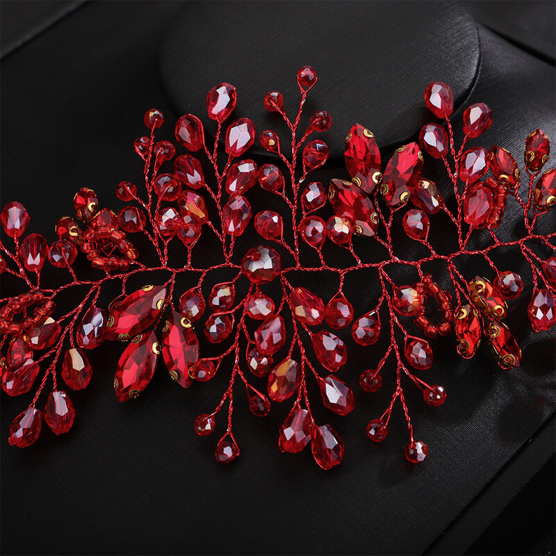 Bandita de mireasa cu strasuri la modă, casă de cristal lucrată manual pentru femei, accesorii de păr pentru nuntă roșie, ornamente pentru tiare pentru fete
