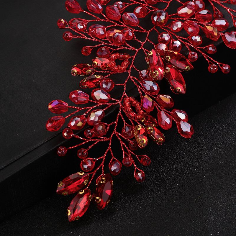 Bandita de mireasa cu strasuri la modă, casă de cristal lucrată manual pentru femei, accesorii de păr pentru nuntă roșie, ornamente pentru tiare pentru fete