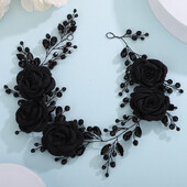 Moda Mireasă Accesorii pentru păr Tiare cu flori negre mari, strasuri, bijuterii pentru cap de nuntă, bentita de cristal lucrată manual Cerc floral