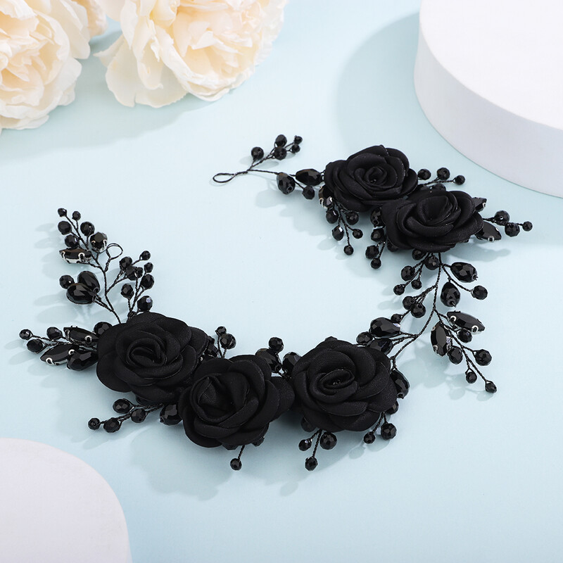 Moda Mireasă Accesorii pentru păr Tiare cu flori negre mari, strasuri, bijuterii pentru cap de nuntă, bentita de cristal lucrată manual Cerc floral