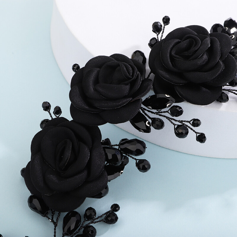 Moda Mireasă Accesorii pentru păr Tiare cu flori negre mari, strasuri, bijuterii pentru cap de nuntă, bentita de cristal lucrată manual Cerc floral