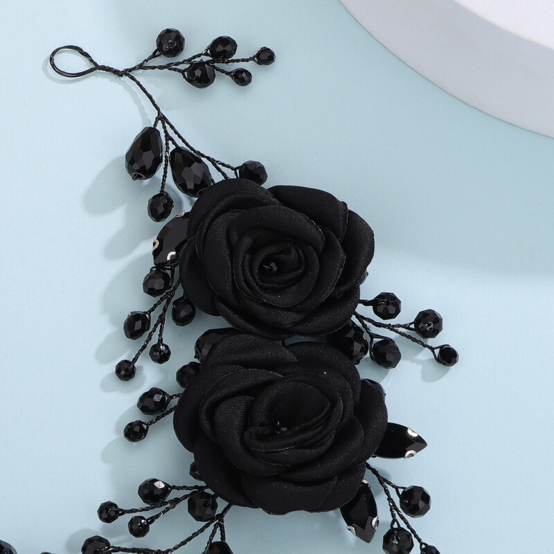 Moda Mireasă Accesorii pentru păr Tiare cu flori negre mari, strasuri, bijuterii pentru cap de nuntă, bentita de cristal lucrată manual Cerc floral