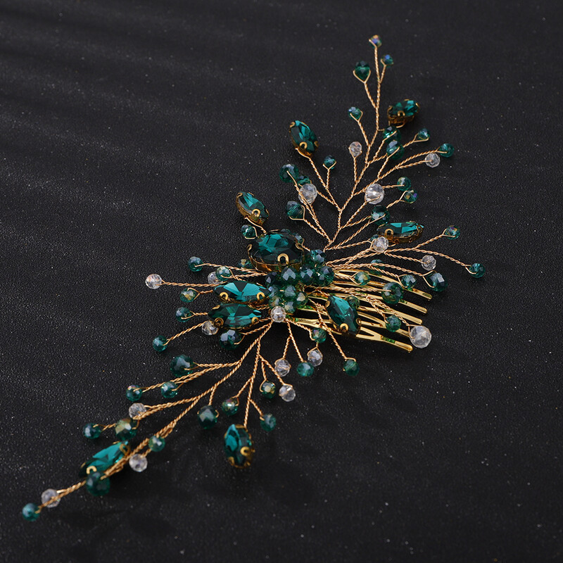 Auksinis žalias kalnų krištolinis galvos apdangalas moterims vestuvinių plaukų šukos Rankų darbo krištolo nuotakos galvos apdangalas Tiara Madingi mergaičių plaukų aksesuarai