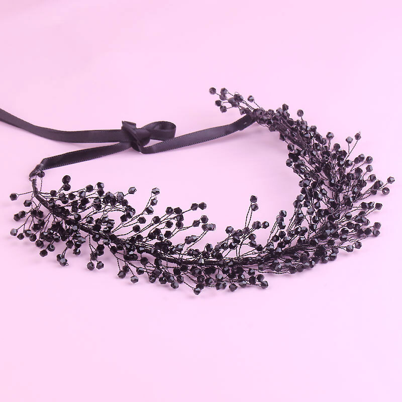 100% margele de cristal negre lucrate manual, diademe și coroane pentru femei, panglică de nuntă, bentiță, piesa de păr de mireasă, accesorii pentru concursuri de bal