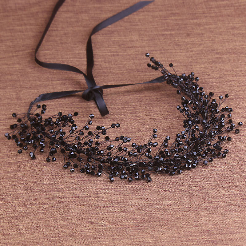 100% margele de cristal negre lucrate manual, diademe și coroane pentru femei, panglică de nuntă, bentiță, piesa de păr de mireasă, accesorii pentru concursuri de bal