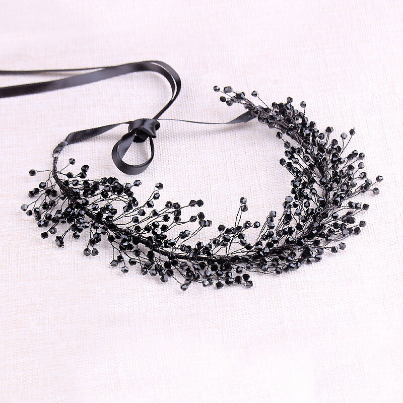 100% margele de cristal negre lucrate manual, diademe și coroane pentru femei, panglică de nuntă, bentiță, piesa de păr de mireasă, accesorii pentru concursuri de bal