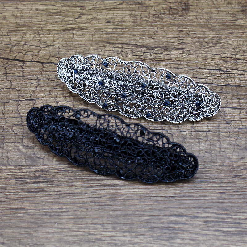 Metalo vintažinis juodas sidabro spalvos kalnų krištolas prancūziškas barrette didelis tuščiaviduris Diamante plaukų segtukas moterims antikvariniai papuošalų priedai