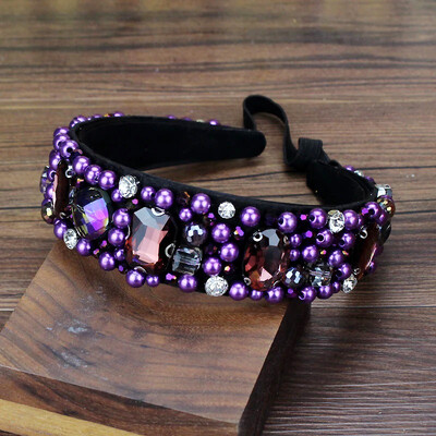 Kézzel készített luxuslila kristálygyöngyös barokk fejpánt, kézzel szőtt női hajpánt Bling hajkiegészítők