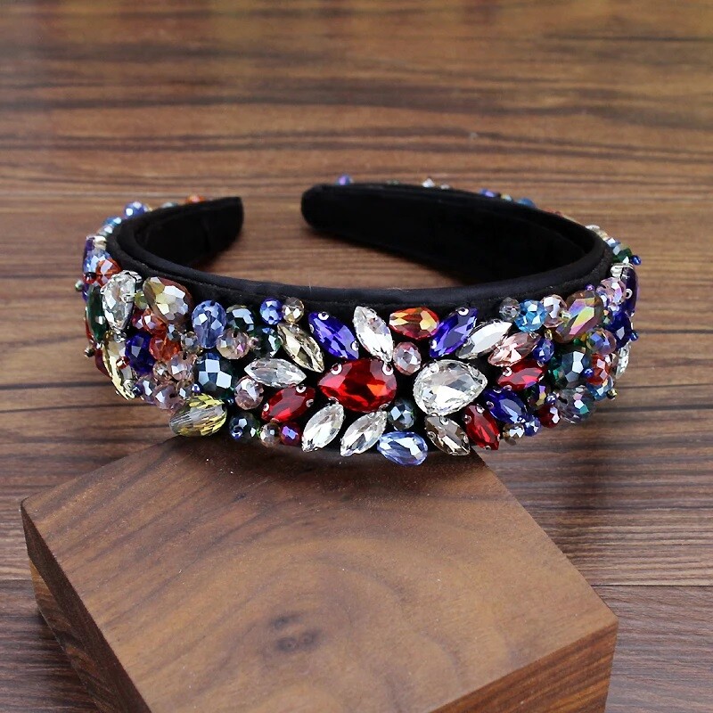 Boho rankų darbo plaukų aksesuarai prabangūs juodų krištolo karoliukais papuošti galvos juostos Kalnų krištolas plačios moteriškos plaukų juostos vestuvių vakarėliui