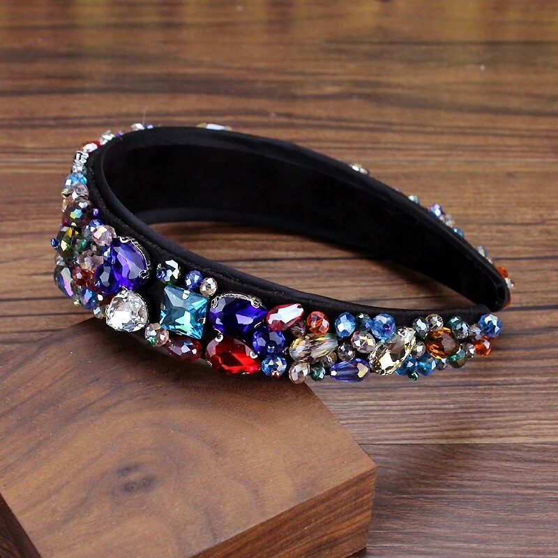 Boho rankų darbo plaukų aksesuarai prabangūs juodų krištolo karoliukais papuošti galvos juostos Kalnų krištolas plačios moteriškos plaukų juostos vestuvių vakarėliui