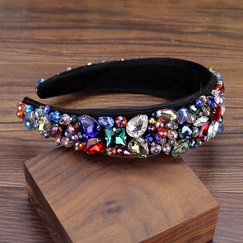 Boho rankų darbo plaukų aksesuarai prabangūs juodų krištolo karoliukais papuošti galvos juostos Kalnų krištolas plačios moteriškos plaukų juostos vestuvių vakarėliui