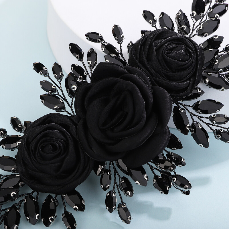 Madingi nuotakos plaukų aksesuarai didelės juodos gėlės tiaros dviejų dydžių mados kalnų krištolo vestuvių galvos papuošalai rankų darbo galvos juosta