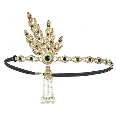 Sieviešu Art Deco stila 1920. gadu retro stila līgavas galvassegas, kostīmi, matu aksesuāri, liela Getsbija lapu medaljona pērļu galvas saite