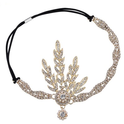 Sieviešu Art Deco stila 1920. gadu retro stila līgavas galvassegas, kostīmi, matu aksesuāri, liela Getsbija lapu medaljona pērļu galvas saite