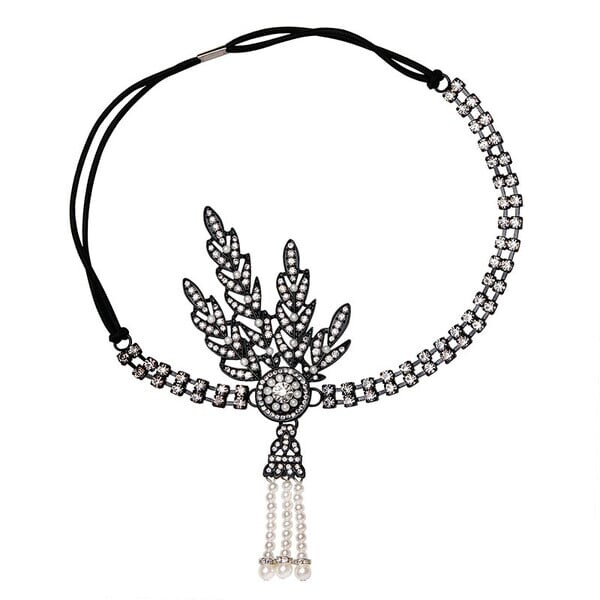 Sieviešu Art Deco stila 1920. gadu retro stila līgavas galvassegas, kostīmi, matu aksesuāri, liela Getsbija lapu medaljona pērļu galvas saite