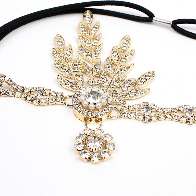 Sieviešu Art Deco stila 1920. gadu retro stila līgavas galvassegas, kostīmi, matu aksesuāri, liela Getsbija lapu medaljona pērļu galvas saite