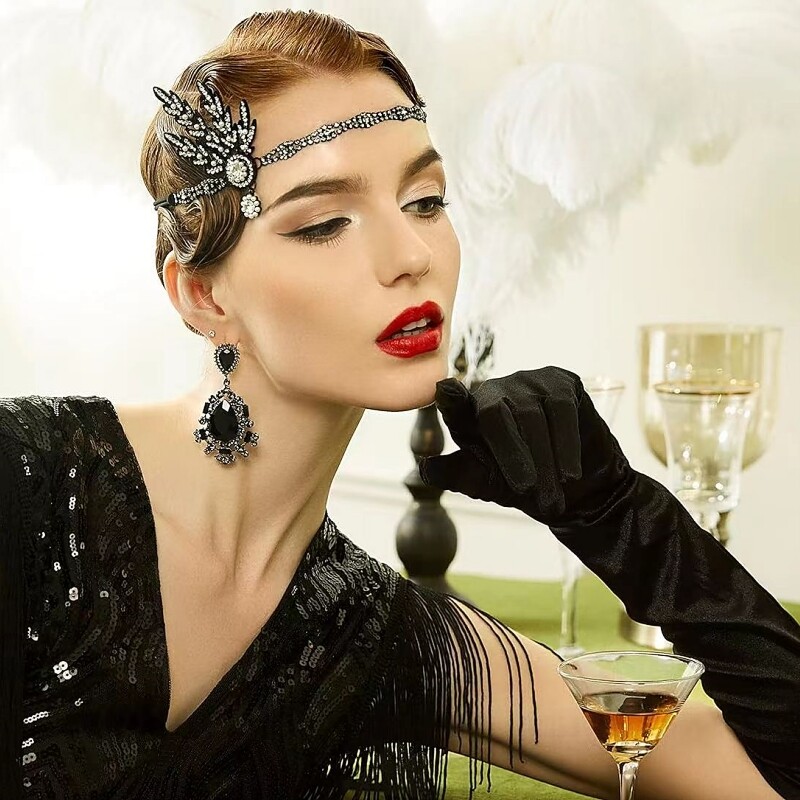 Sieviešu Art Deco stila 1920. gadu retro stila līgavas galvassegas, kostīmi, matu aksesuāri, liela Getsbija lapu medaljona pērļu galvas saite