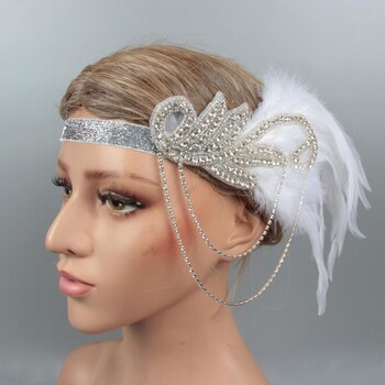 Feather Headband Γυναικεία Vintage της δεκαετίας του 1920 Flapper Headband Στολή για πάρτι Rhinestone Feather Hairband Αξεσουάρ μαλλιών