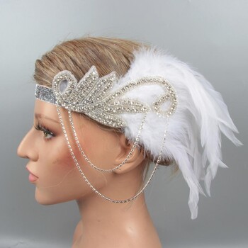 Feather Headband Γυναικεία Vintage της δεκαετίας του 1920 Flapper Headband Στολή για πάρτι Rhinestone Feather Hairband Αξεσουάρ μαλλιών