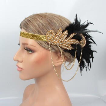 Feather Headband Γυναικεία Vintage της δεκαετίας του 1920 Flapper Headband Στολή για πάρτι Rhinestone Feather Hairband Αξεσουάρ μαλλιών